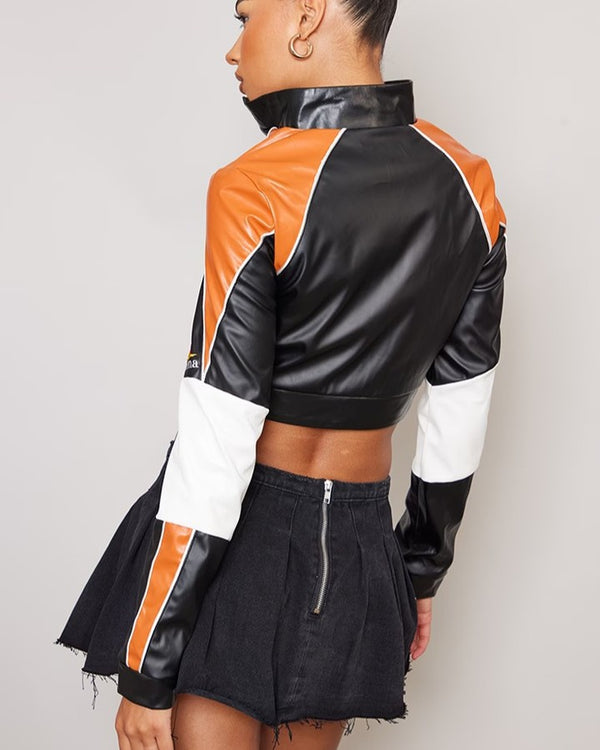 Orange Contrast Panel Faux Leather Fitted Racer Jacket
