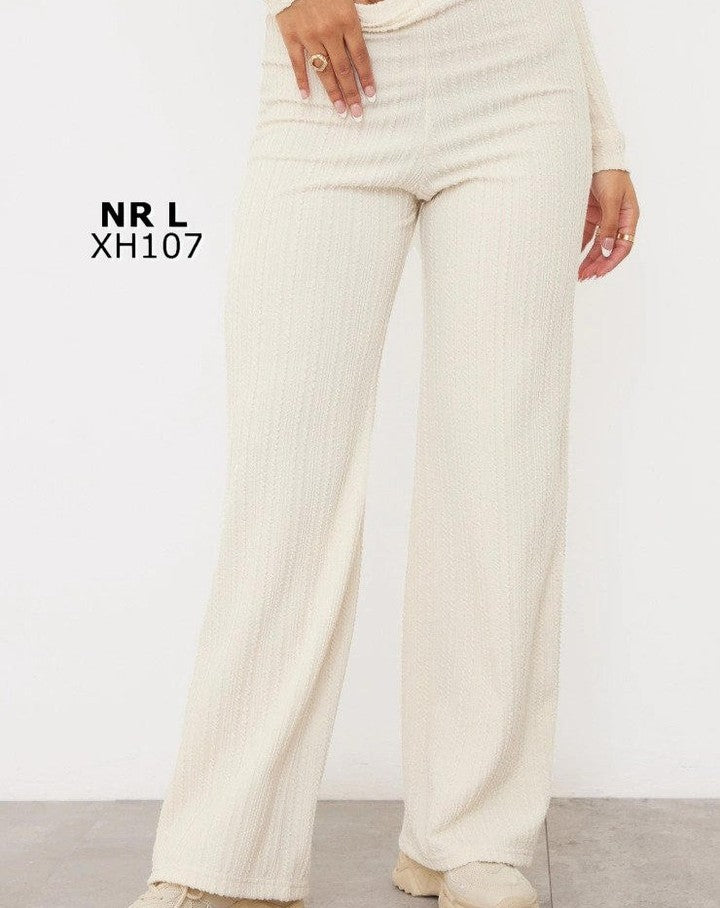 Cream Textured Ribbed High Waisted Wide Leg Trousers
