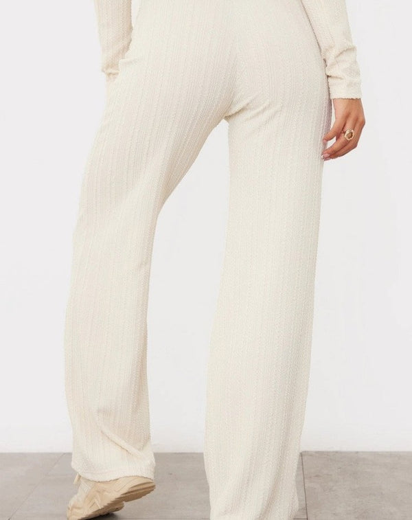 Cream Textured Ribbed High Waisted Wide Leg Trousers