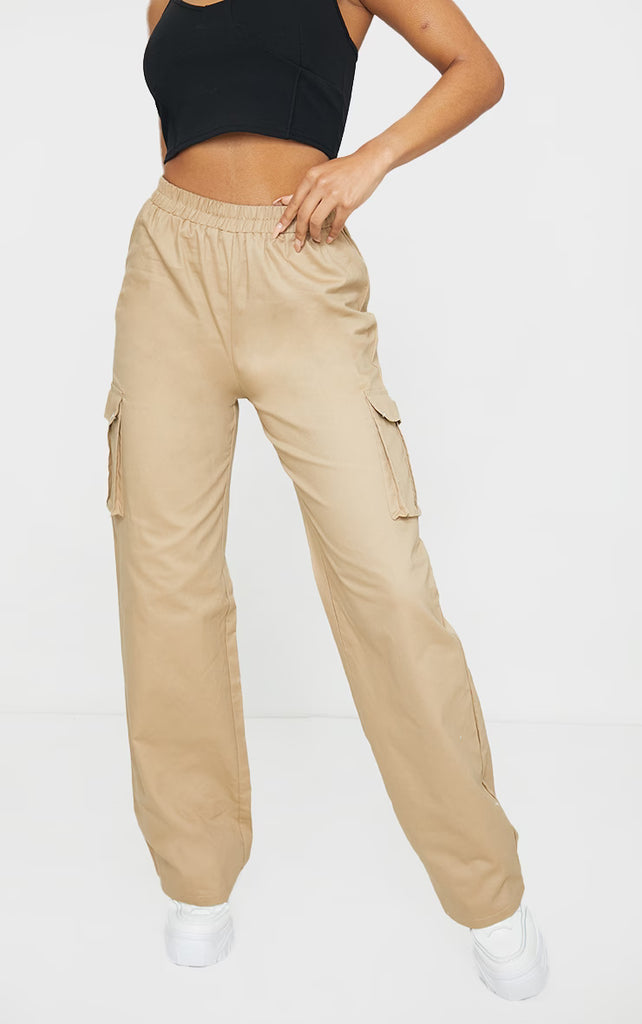 Stone Wide Leg High Waisted Cargo Trousers
