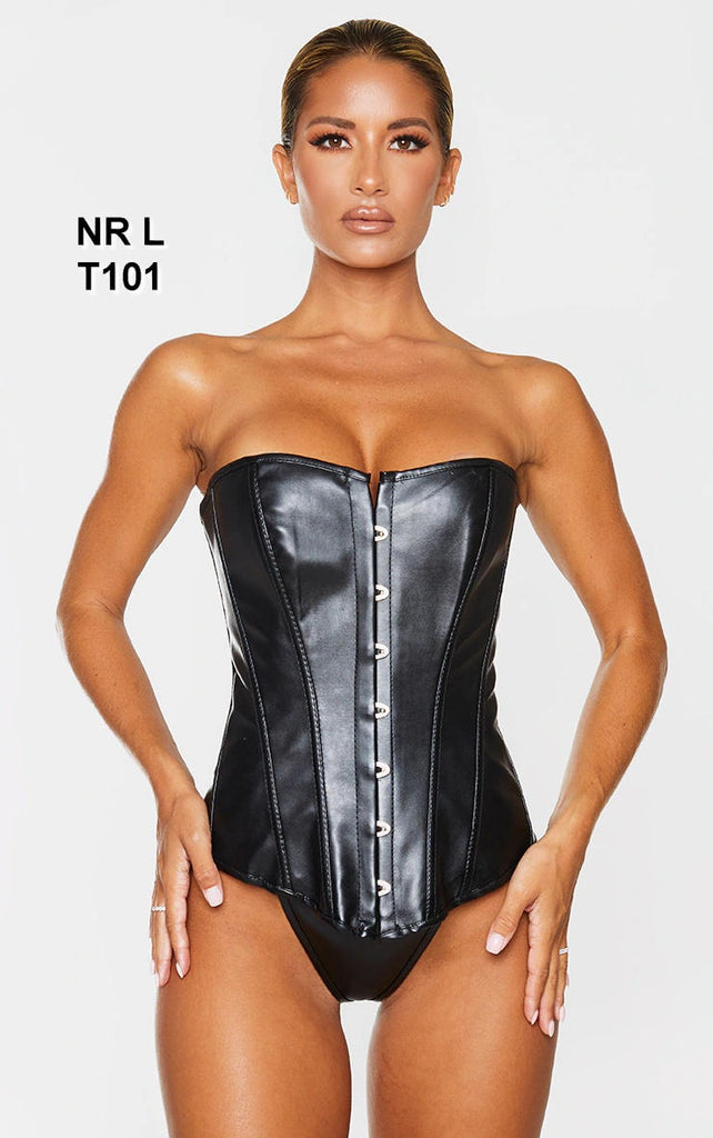 Black Faux Leather Front Hook & Eye Corset Set