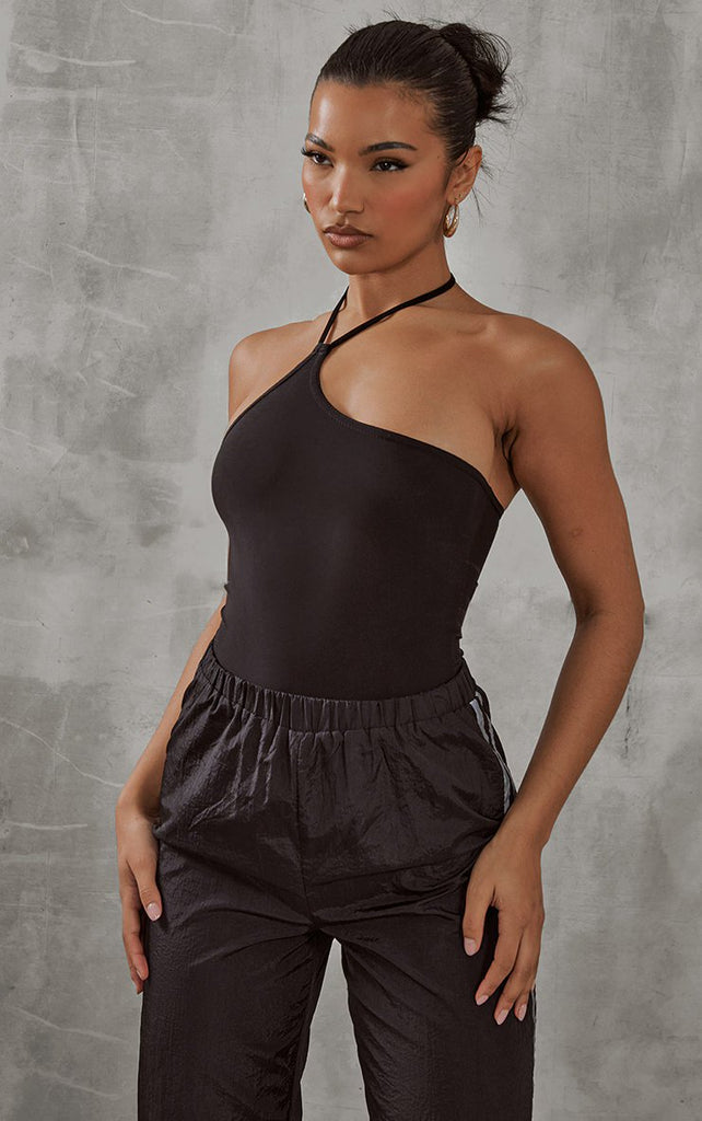 Black Slinky Halter Asymmetric Bodysuit