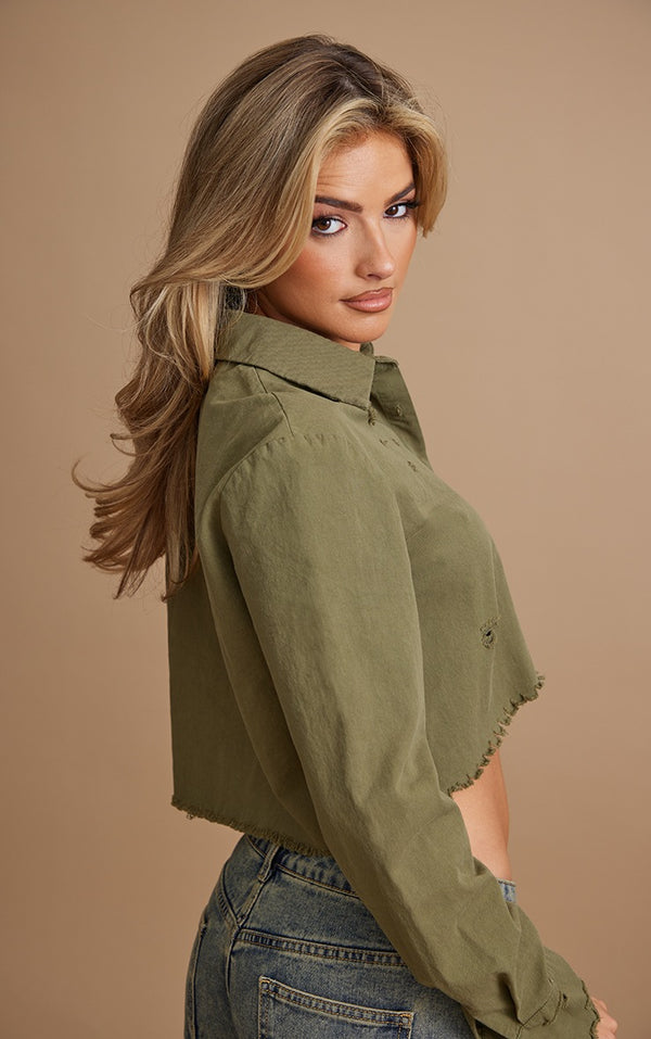 Khaki Cargo Distressed Crop Shirt
