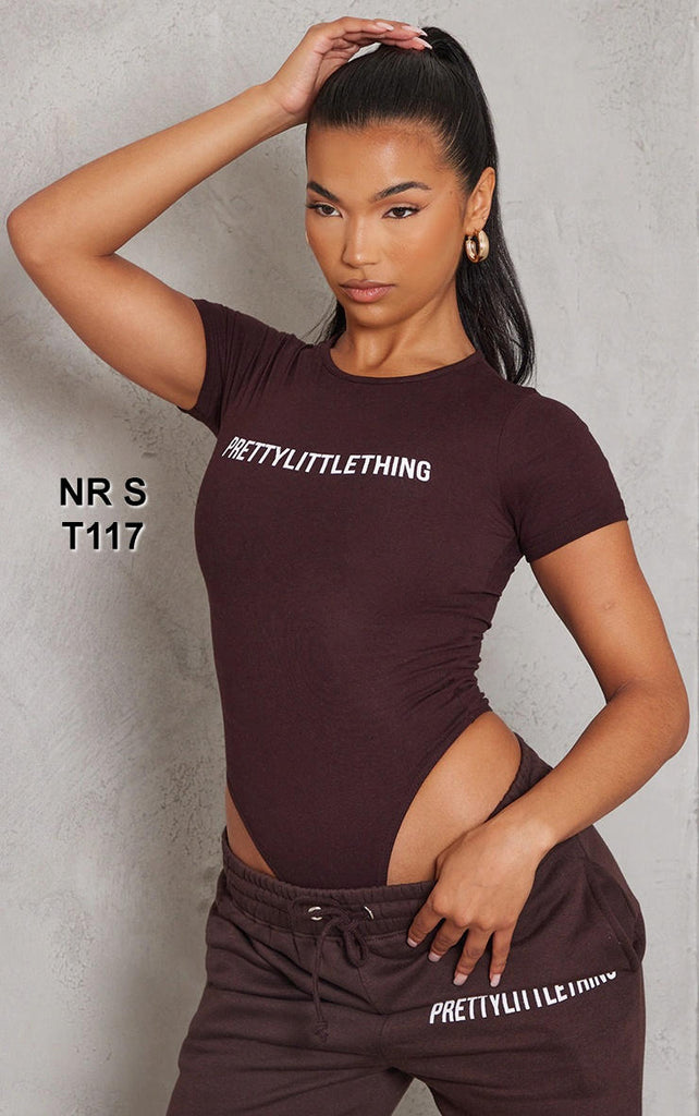 PRETTYLITTLETHING Logo Chocolate Brown Short Sleeve Bodysuit