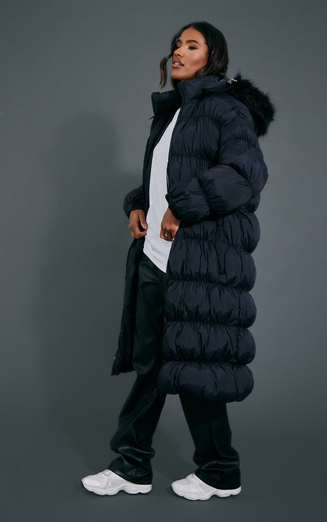 Black Maxi Length Hooded Bubble Puffer