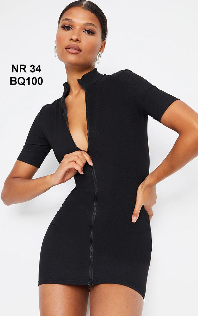 Black Zip Front Rib Short Sleeve Bodycon Dress