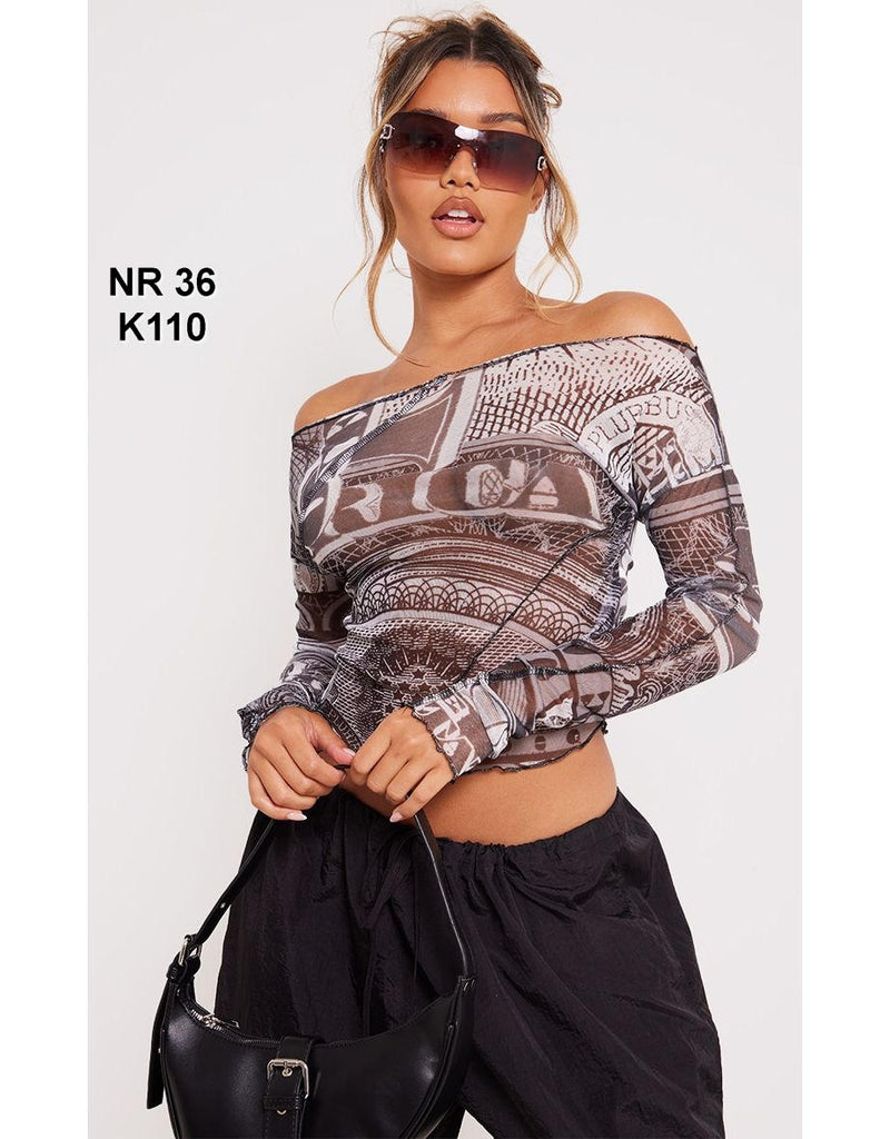 Charcoal Abstract Print Bardot Lettuce Hem Top