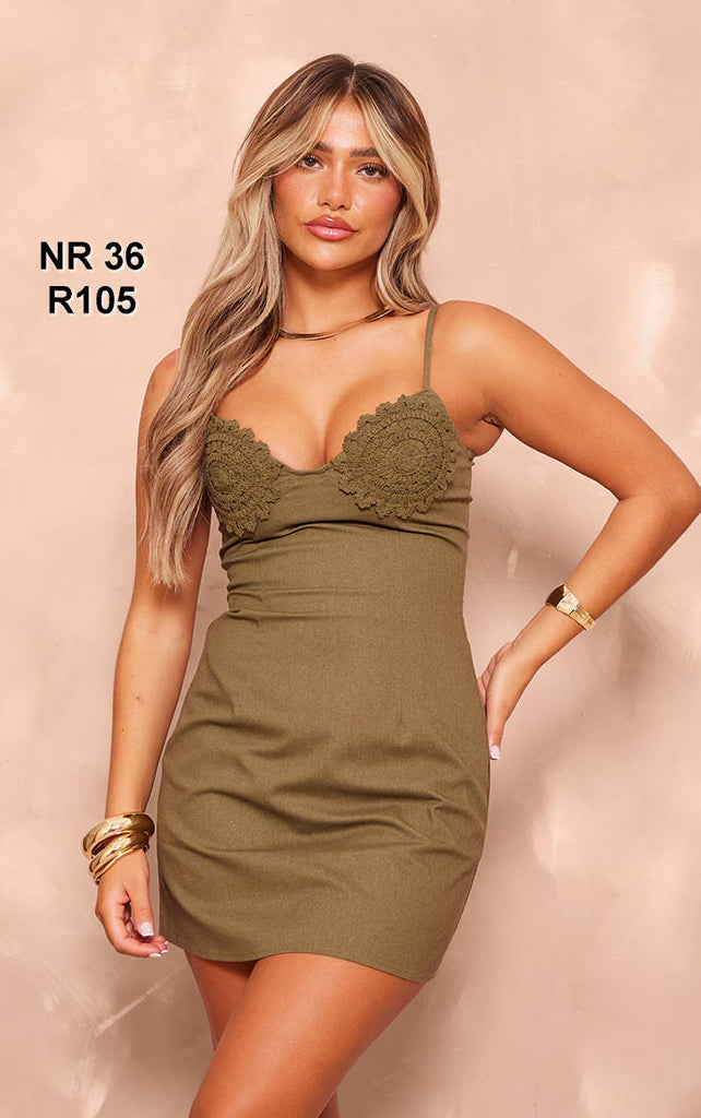 Khaki Linen Look Embroidered Cup Bodycon Dress