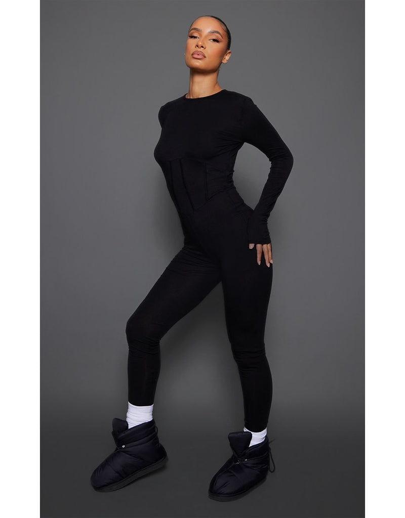 Black Jersey Binding Detail Long Sleeve Jumpsuit