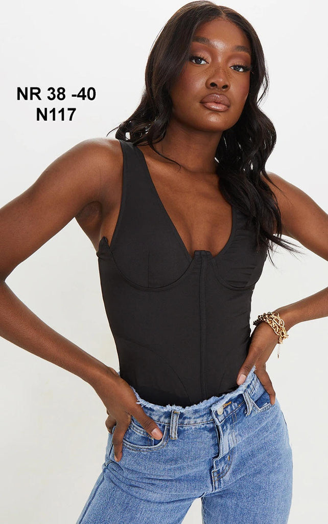 Tall Black Corset Detail Woven Bodysuit