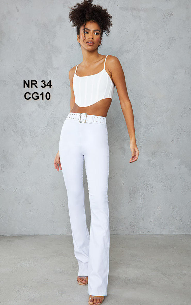 White Stretch Woven 90'S Belted Flared Trousers