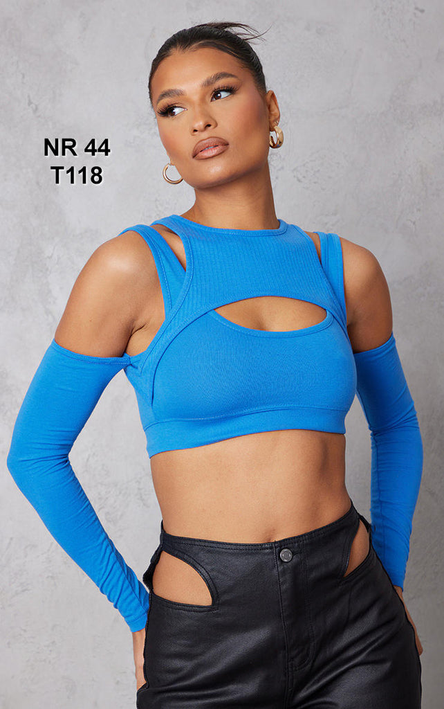 Bright Blue Contrast Cold Shoulder Cut Out Crop Top