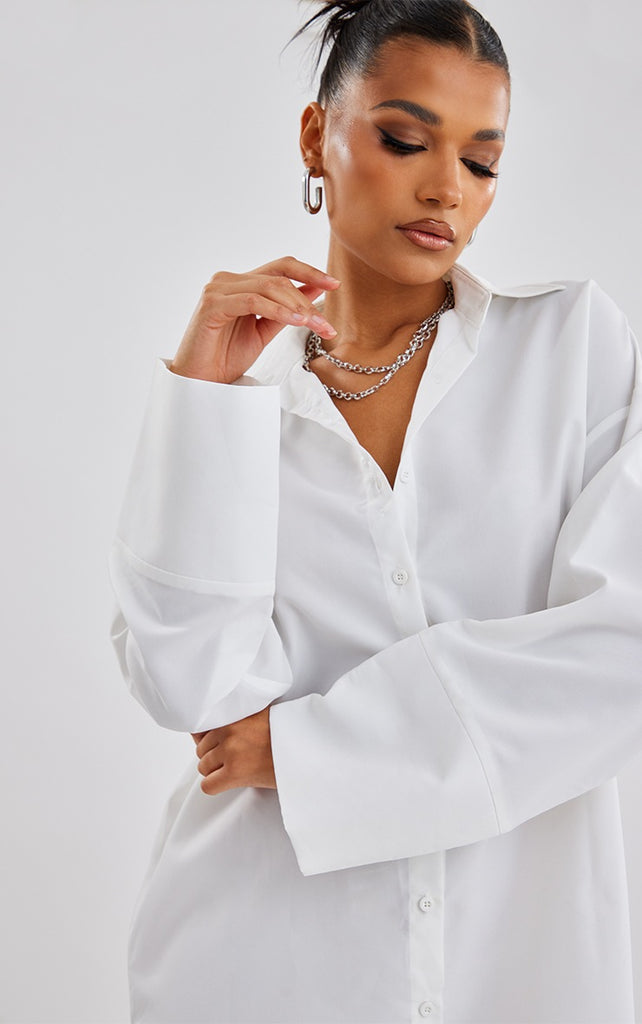 White Poplin Exaggerated Cuff Oversized Shirt Dress