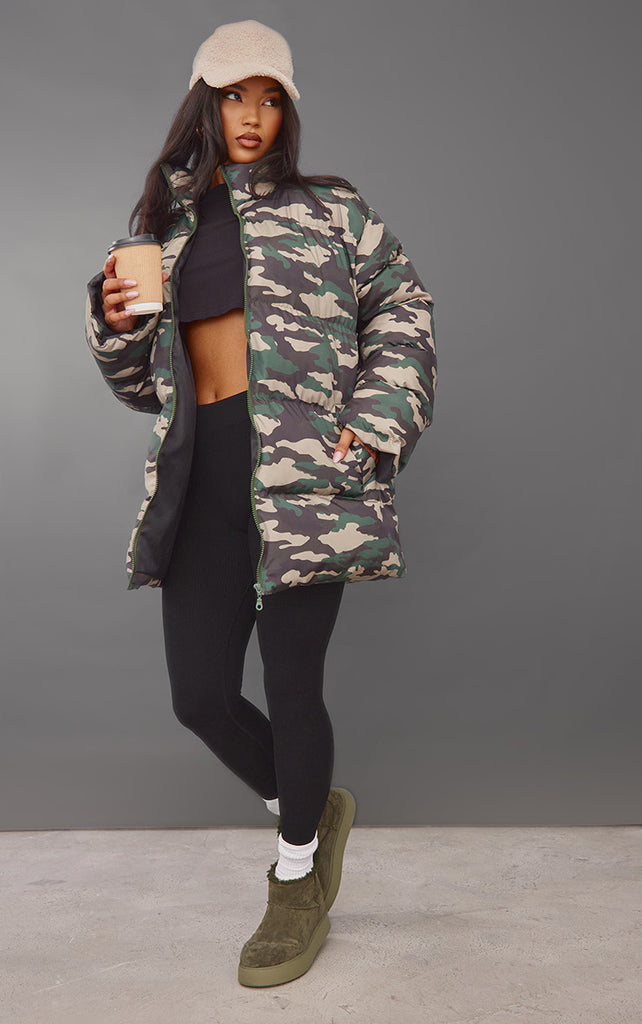 Khaki Camouflage Midi Puffer Coat