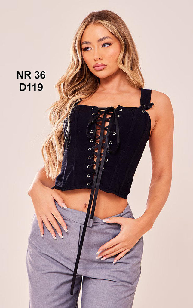 Black Woven Structured Lace Up Corset Crop Top