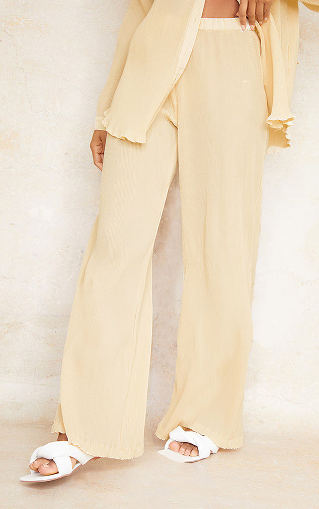 Cream Plisse High Waisted Wide Leg Pants