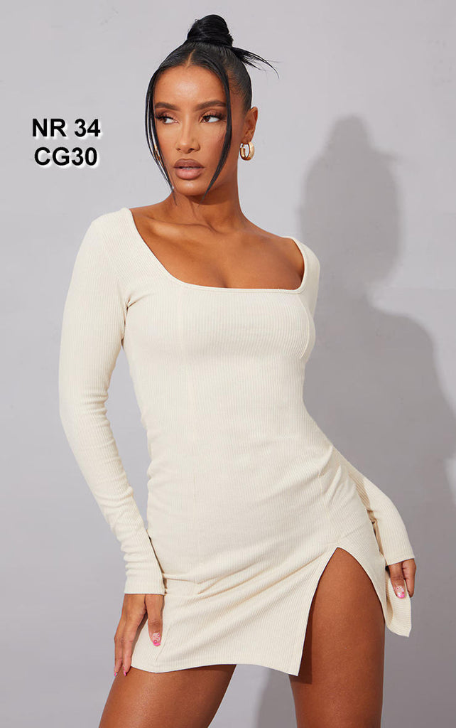 Cream Rib Split Hem Square Neck Long Sleeve Bodycon Dress