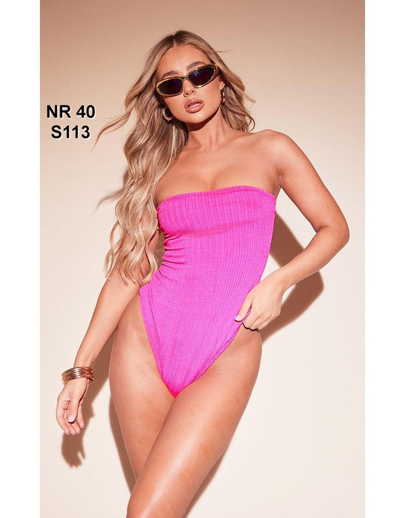 Pink Crinkle Stripe Bandeau Swimsuit
