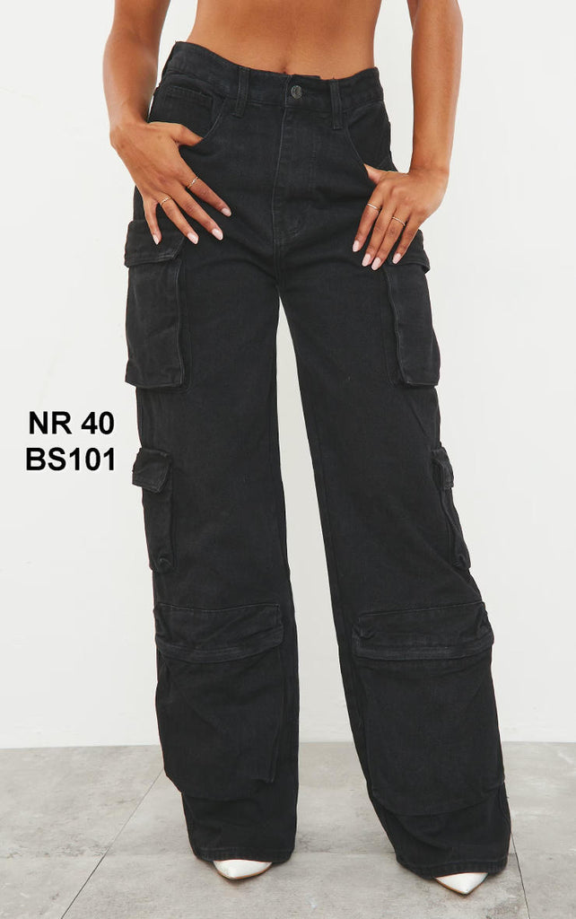 Washed Black Cargo Pocket Detail Wide Leg Jeans
