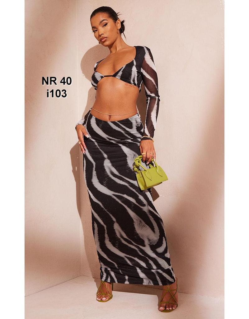 Black Zebra Printed Mesh Low Rise Midaxi Skirt