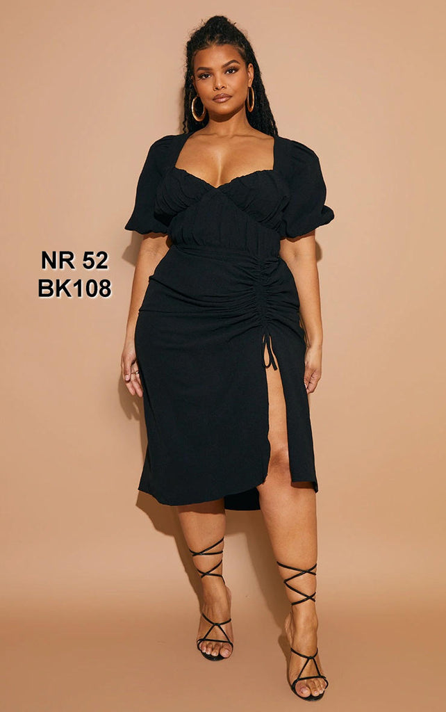 Plus Black Puff Sleeve Ruched Side Split Midi Dress