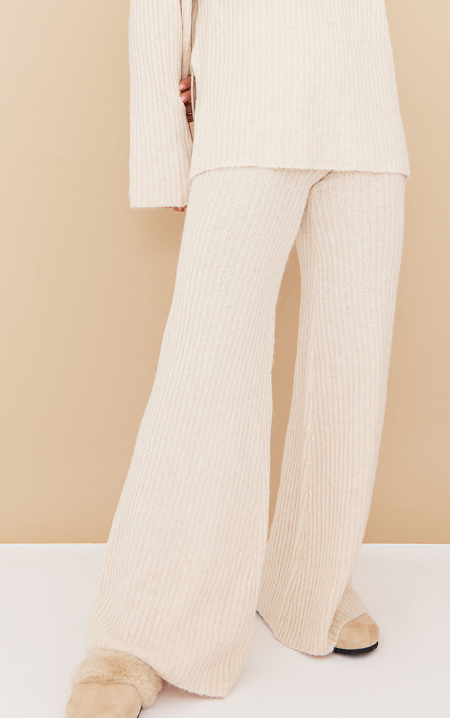 Oatmeal Luxe Rib Knit Wide Leg Trousers