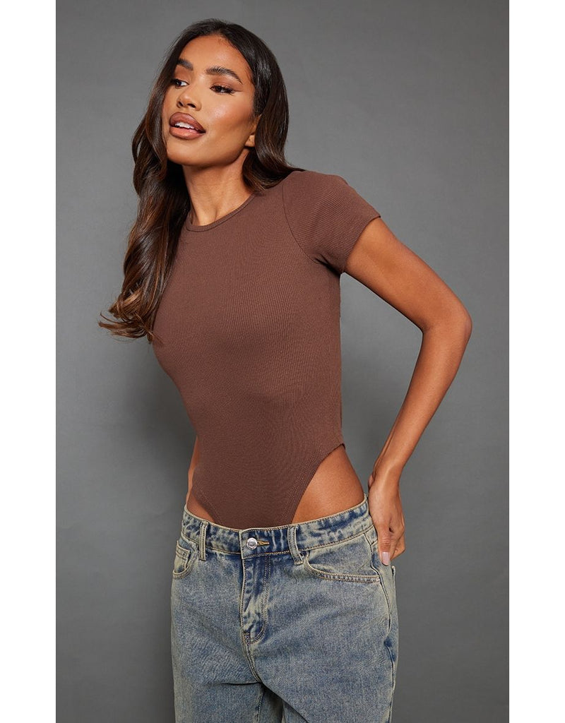 Dark Brown Basic Rib Short Sleeve Bodysuit