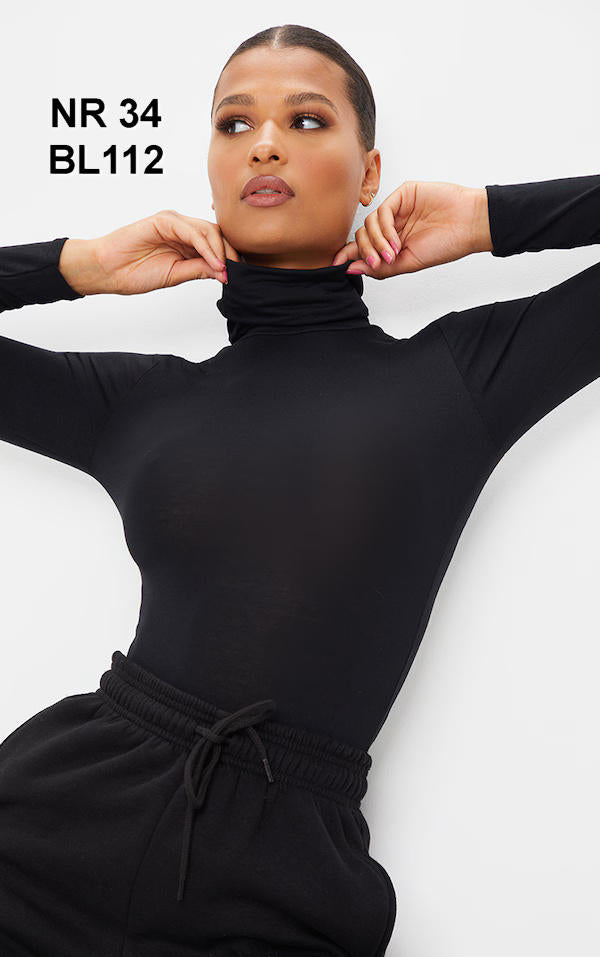 Basic Black Cotton Blend Roll Neck Bodysuit