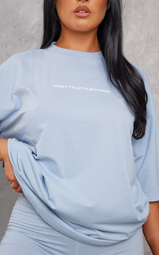PRETTYLITTLETHING Pale Blue Print Oversized T-Shirt