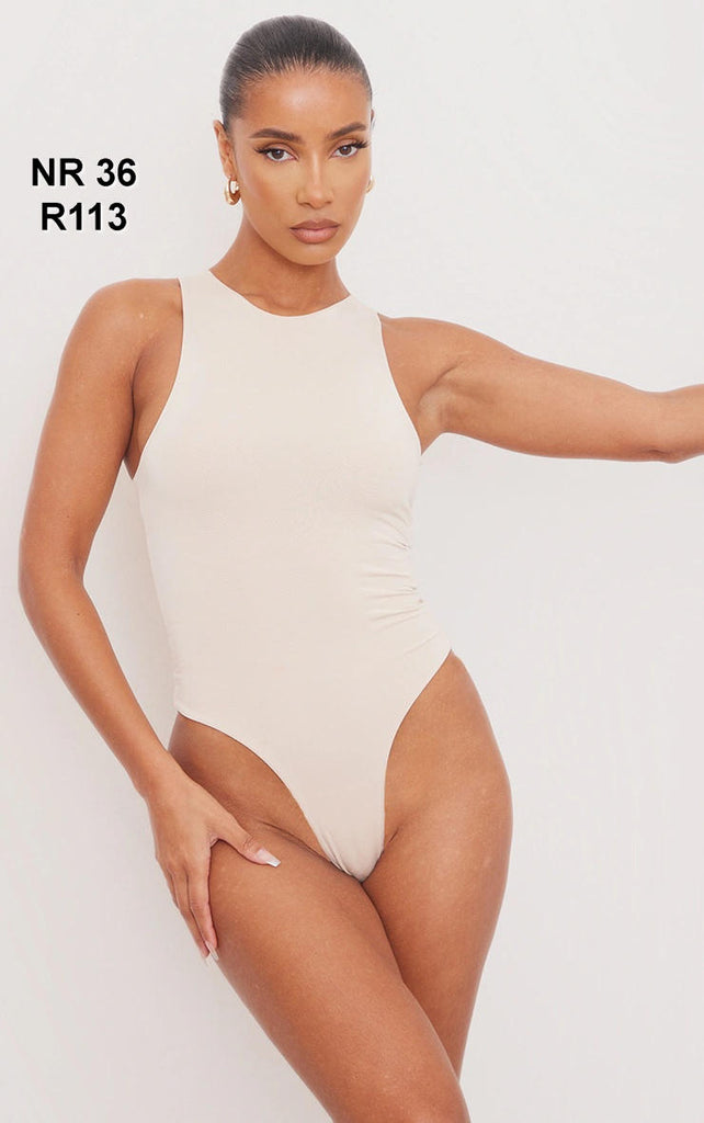 Cream Slinky Sleeveless Racer Bodysuit