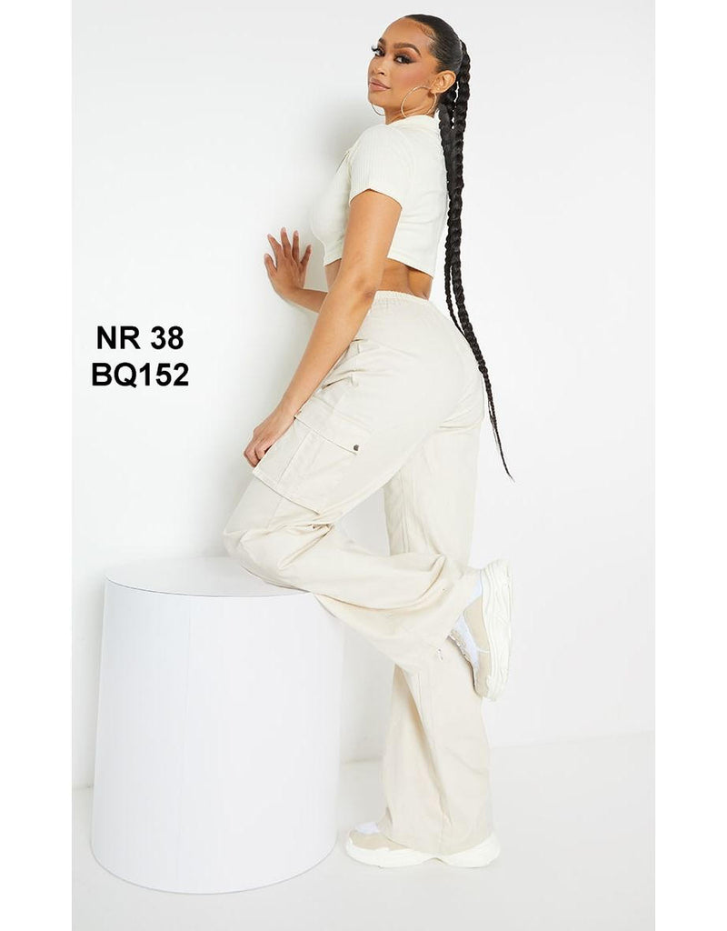 BQ152 Cream Wide Leg High Waisted Cargo Trousers