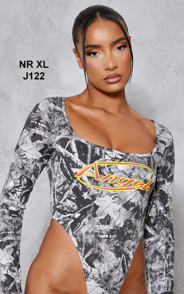 Grey Camo Long Sleeve High Leg Bodysuit