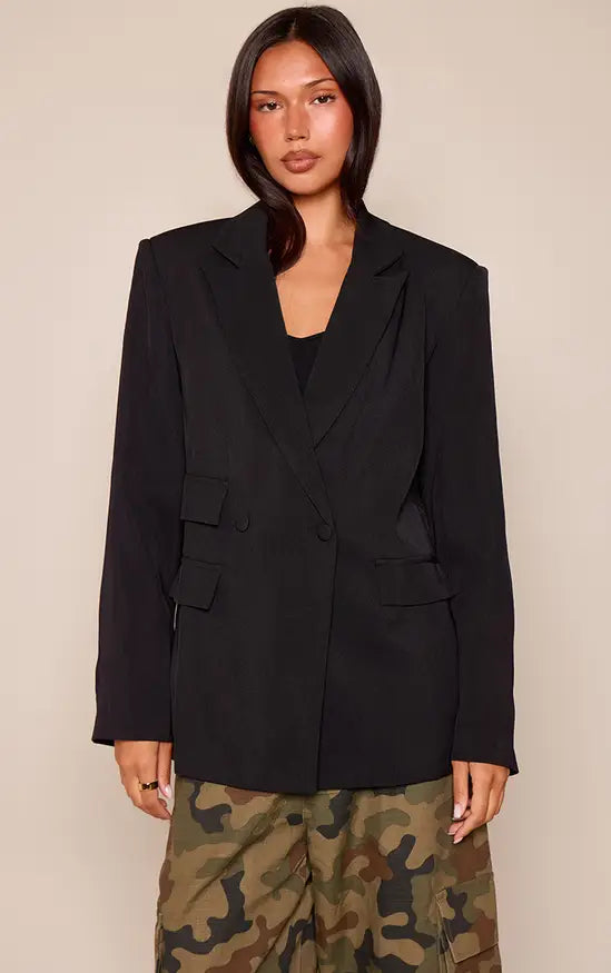 Black Double Pocket Detail Double Breasted Blazer