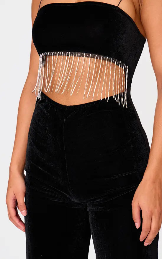 Black Velvet Diamante Tassel Cut Out Strappy Jumpsuit