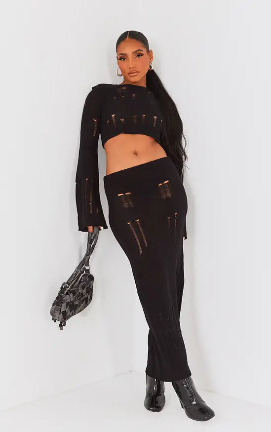 black distressed ladder knit max skirt