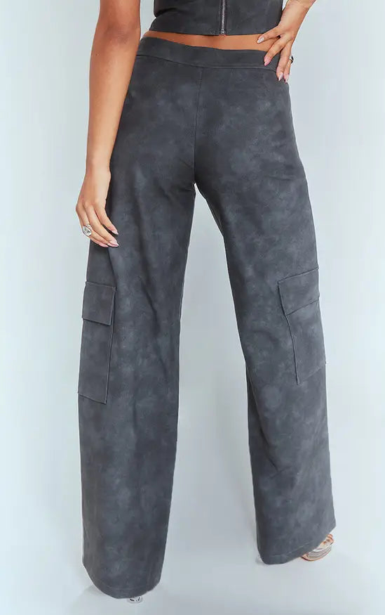 Black Washed Faux Leather Pocket Detail Extreme Wide Leg Trousers Co-ord