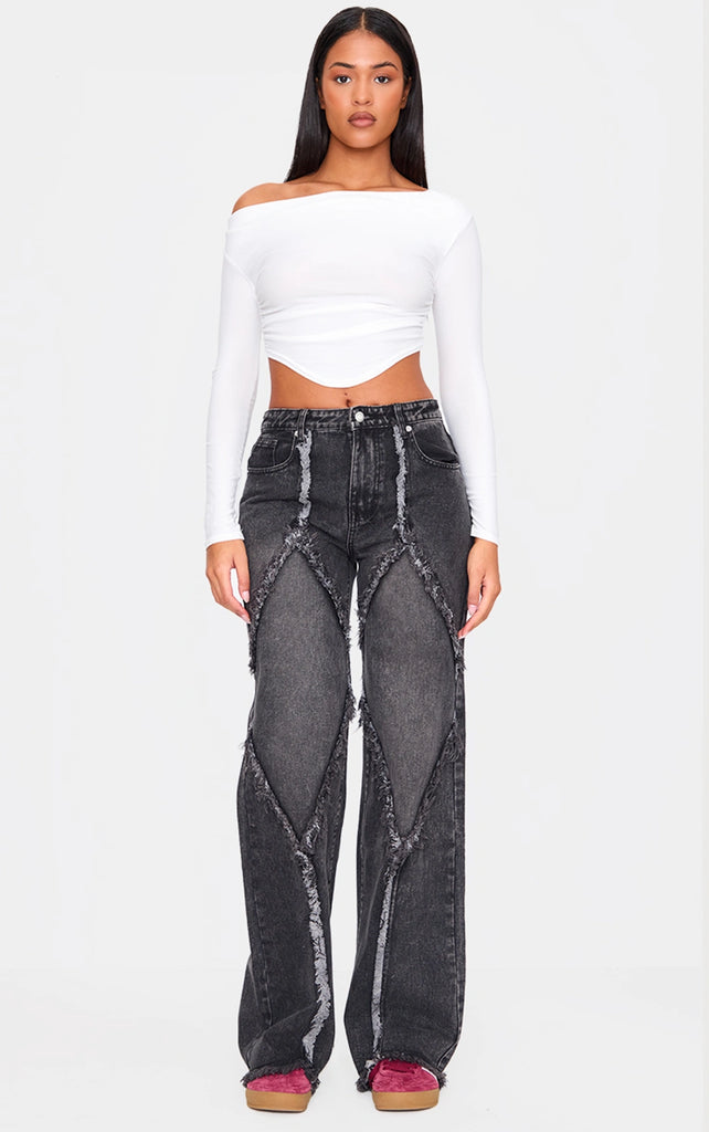 Tall Washed Black Mid Rise Raw Seam Wide Leg Jeans