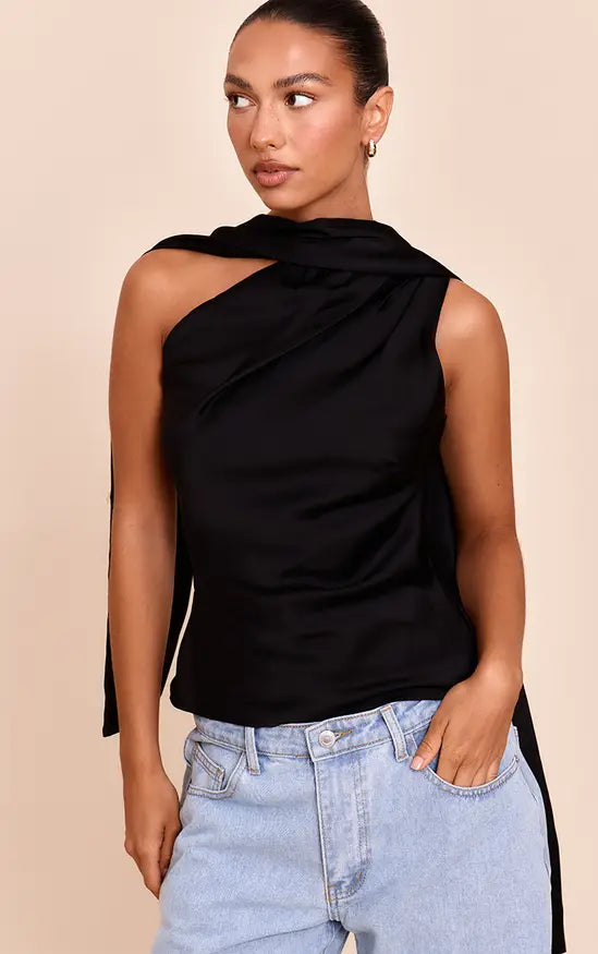 Black Satin Asymmetric Scarf Detail Top