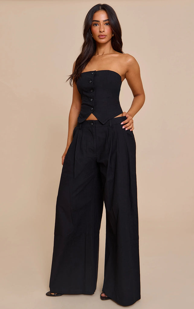 Petite Black Woven Pleat Detail Wide Leg Trousers Co-ord