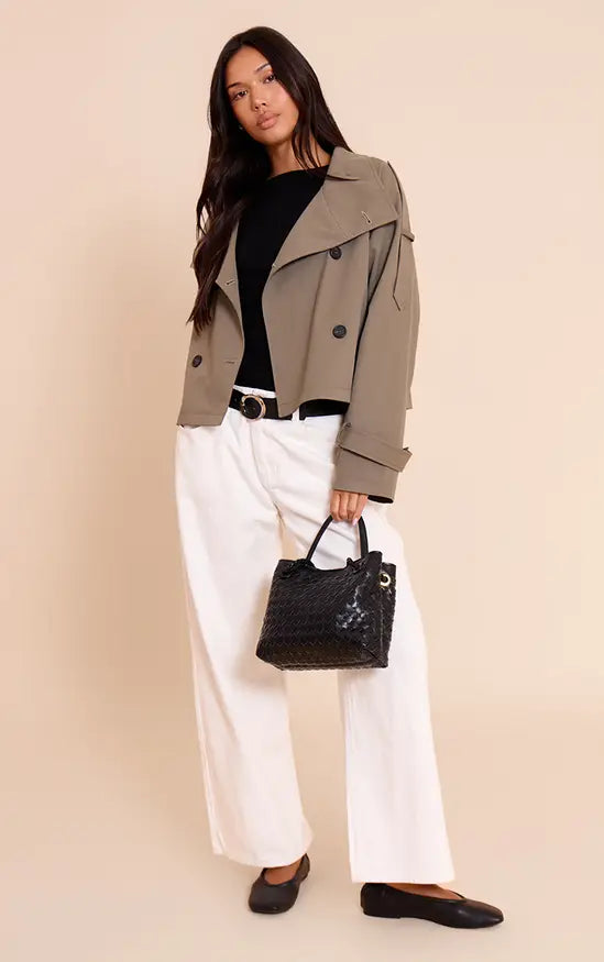 Olive Double Breasted Funnel Neck Cropped Trench Coat