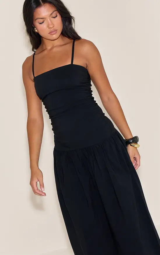 Black Stretch Woven Strappy Ruched Maxi Dress