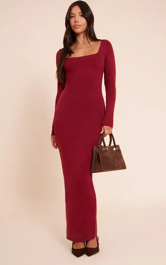 Burgundy Square Neck Knitted Maxi Dress