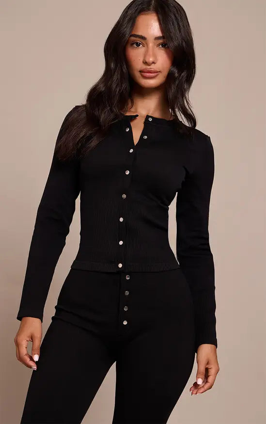 Petite Black Faded Contour Rib Long Sleeve Button Up Long Top Co-ord