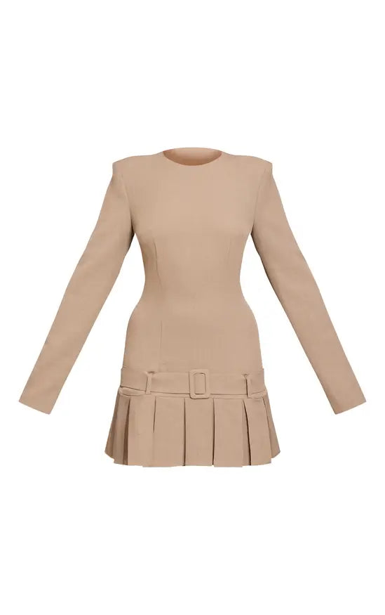 Grey Woven Belt Pleated Mini Shift Dress