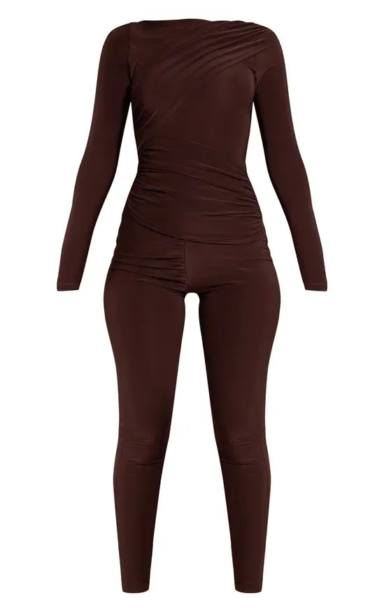 Chocolate Slinky Long Sleeve Ruched Drape Jumpsuit