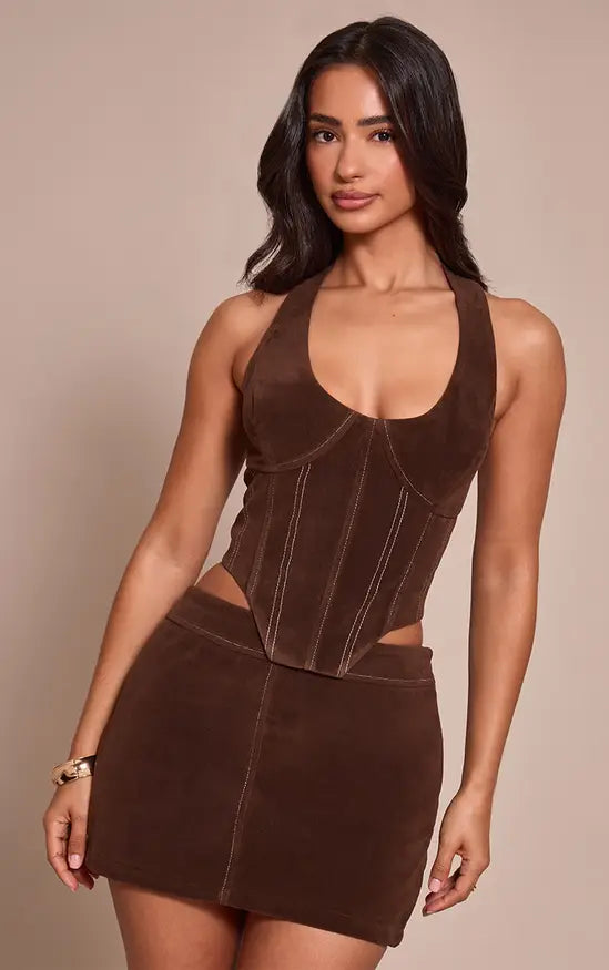 Petite Chocolate Suede Micro Mini Skirt Co-ord