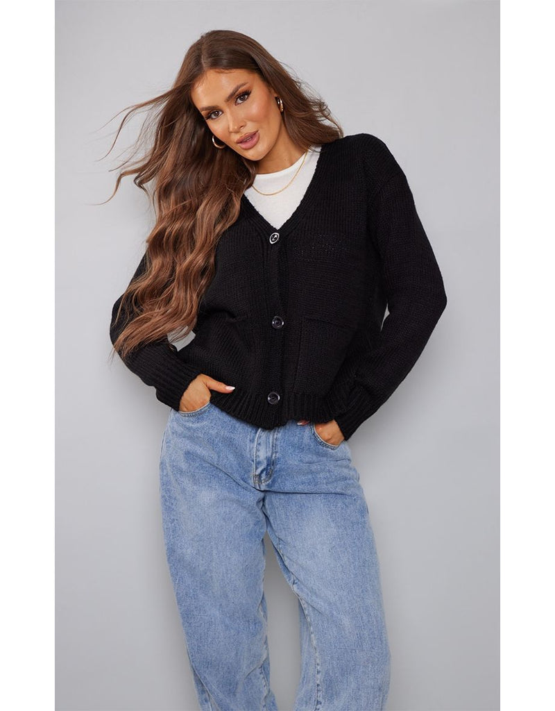 Black Pockets Knit Oversized Cardigan