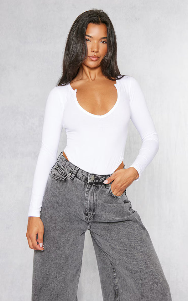 Basic White Cotton Blend Plunge Long Sleeve Bodysuit