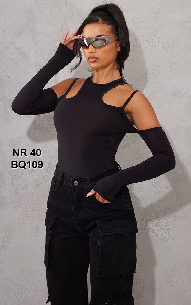 Black Slinky Strappy Cold Shoulder Bodysuit