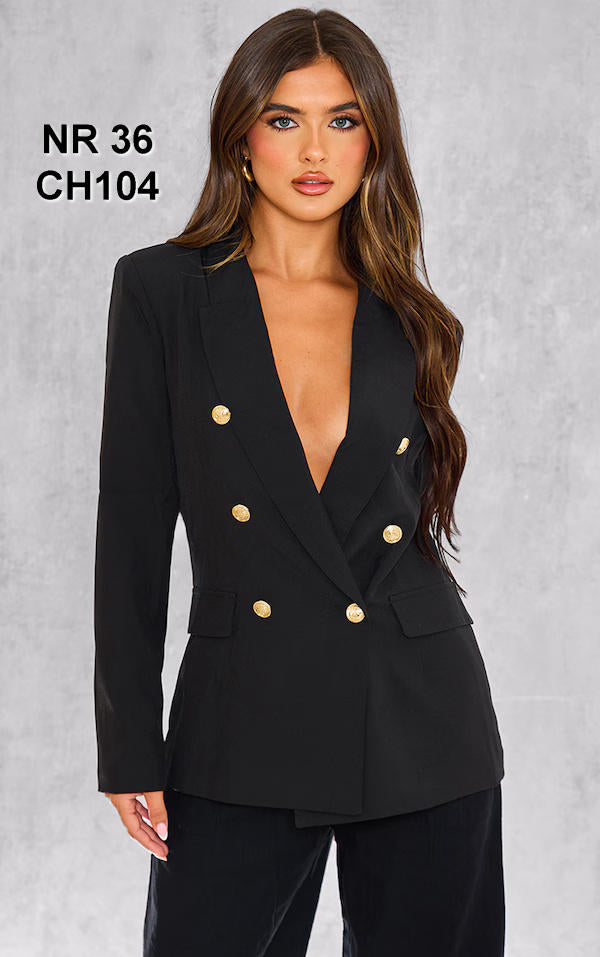 Black Woven Double Breasted Military Style Blazer